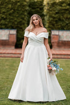 Glamorous Plus Size Ball Gown Off Shoulder Short Sleeve Bow Back Floor Length Wedding Dress