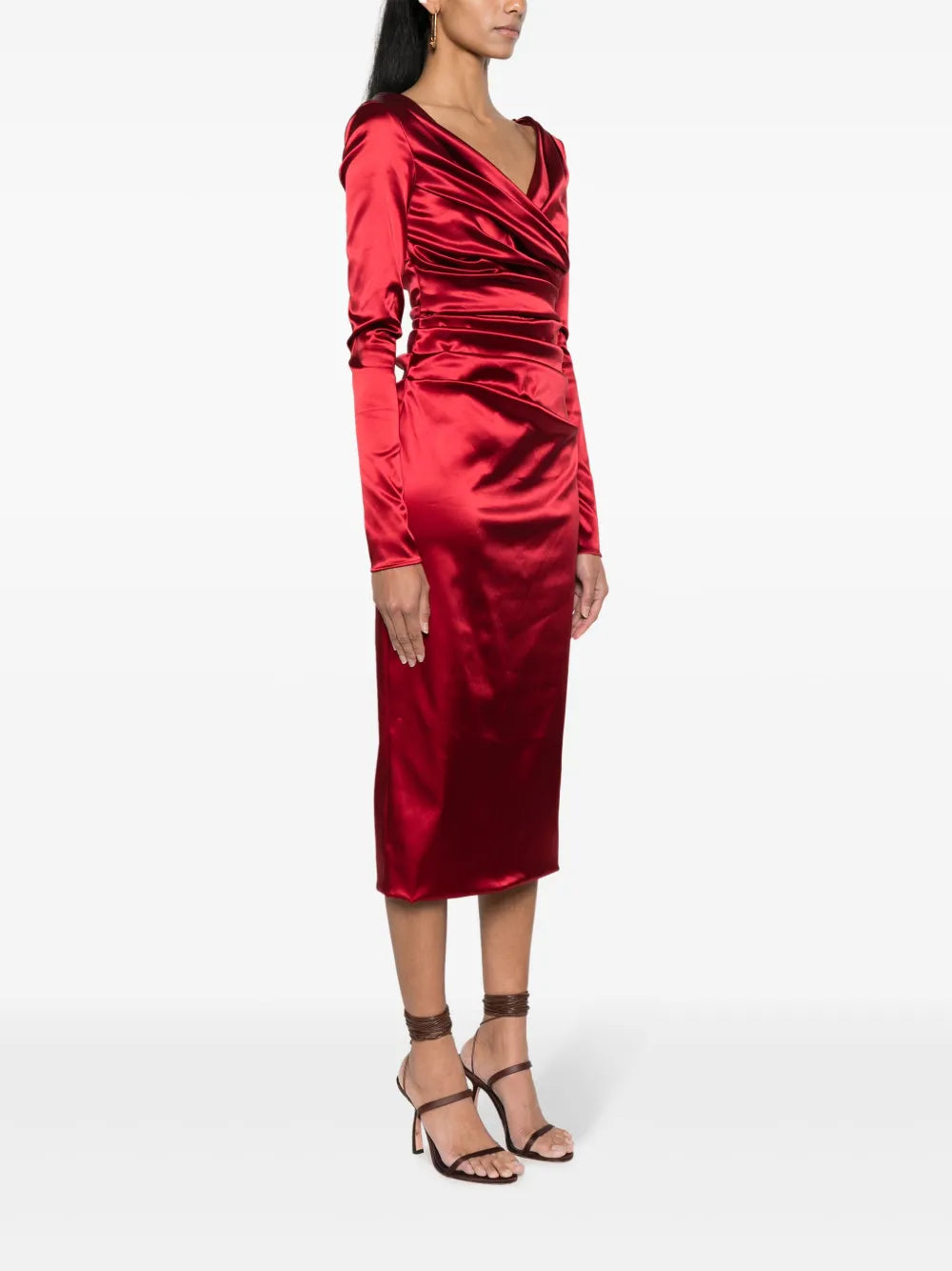 Glamorous Sheath Deep V Neck Long Sleeve Ruched Back Midi Floor Length Female Prom Dress