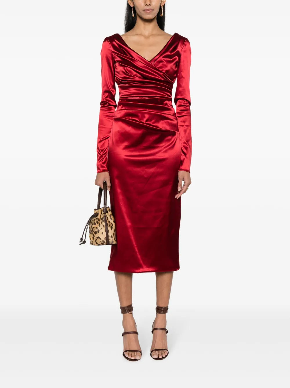 Glamorous Sheath Deep V Neck Long Sleeve Ruched Back Midi Floor Length Female Prom Dress