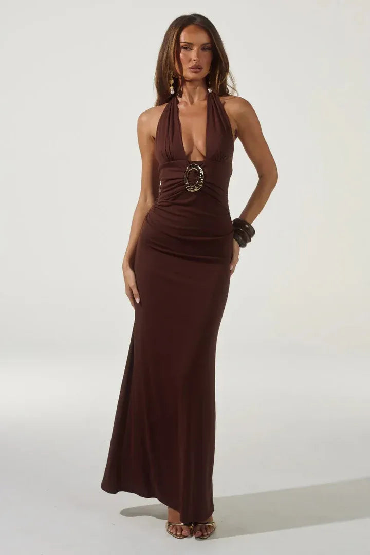Glamorous Sheath Halter Neck Sleeveless Open Back Floor Length For Ladies Prom Dress