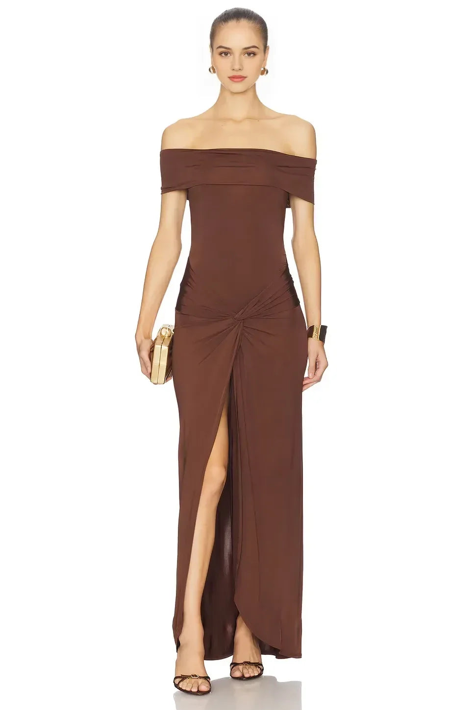 Glamorous Sheath Off Shoulder Sleeveless Knot Accent High Slit Floor Length Evening Dress