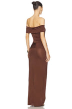 Glamorous Sheath Off Shoulder Sleeveless Knot Accent High Slit Floor Length Evening Dress
