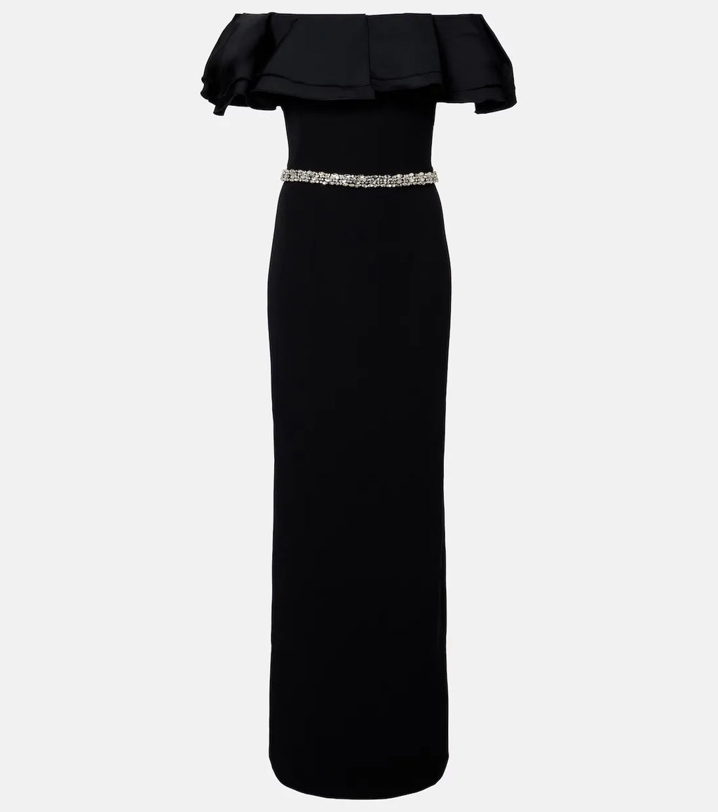 Glamorous Sheath Off The Shoulder Ruffle Sleeve Slit Back Floor Length For Sale Prom Dress