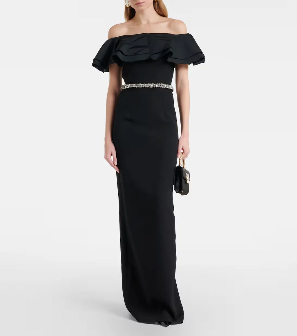 Glamorous Sheath Off The Shoulder Ruffle Sleeve Slit Back Floor Length For Sale Prom Dress