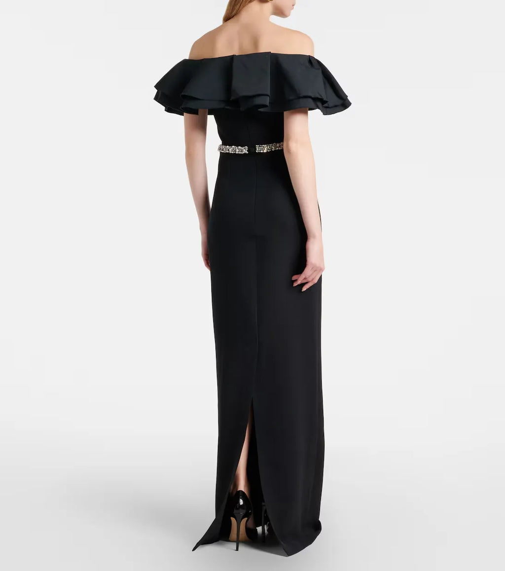 Glamorous Sheath Off The Shoulder Ruffle Sleeve Slit Back Floor Length For Sale Prom Dress