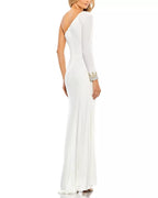 Glamorous Sheath One Shoulder Embellished Sleeve Knot Detail Floor Length For Sale Prom Dress