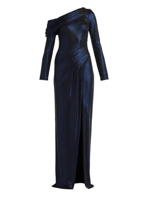 Glamorous Sheath One Shoulder Long Sleeve Ruched Back Floor Length Prom Dress