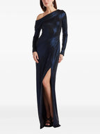 Glamorous Sheath One Shoulder Long Sleeve Ruched Back Floor Length Prom Dress