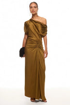 Glamorous Sheath One Shoulder Short Sleeve Ruched Bodice Floor Length Plus Size Prom Dress