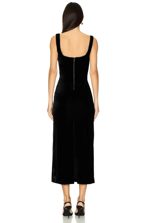 Robe de soirée fourreau mi-longue glamour sans manches à décolleté plongeant et fermeture éclair au dos