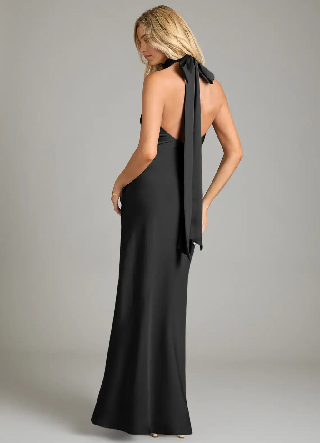 Glamorous Sheath Satin Halter Neck Sleeveless Tie Back Floor Length Bridesmaid Dress