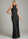 Glamorous Sheath Satin Halter Neck Sleeveless Tie Back Floor Length Bridesmaid Dress