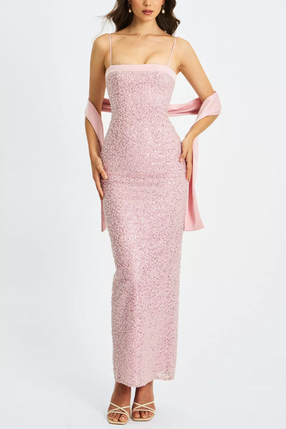 Glamorous Sheath Square Neck Spaghetti Strap Lace Up Back Sequin Floor Length For Adults Prom Dress