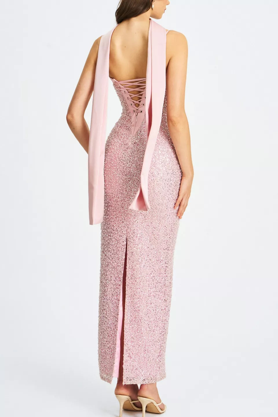 Glamorous Sheath Square Neck Spaghetti Strap Lace Up Back Sequin Floor Length For Adults Prom Dress