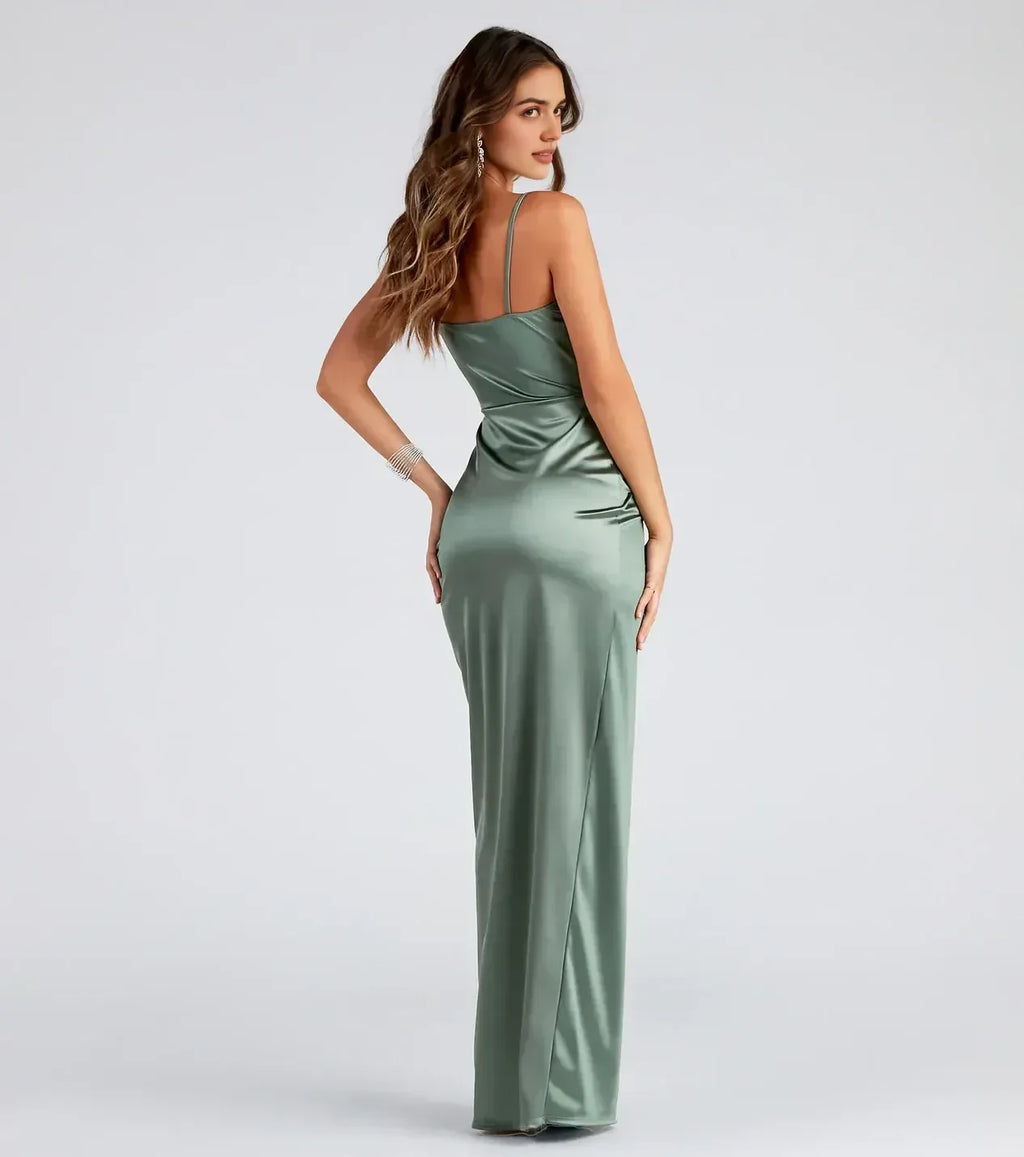 Glamorous Sheath Square Neck Spaghetti Strap Open Back Floor Length Prom Dress