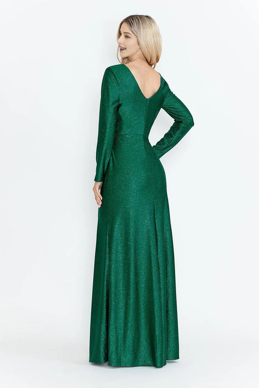 Glamorous Sheath V Neck Long Sleeve Open Back Floor Length Prom Dress