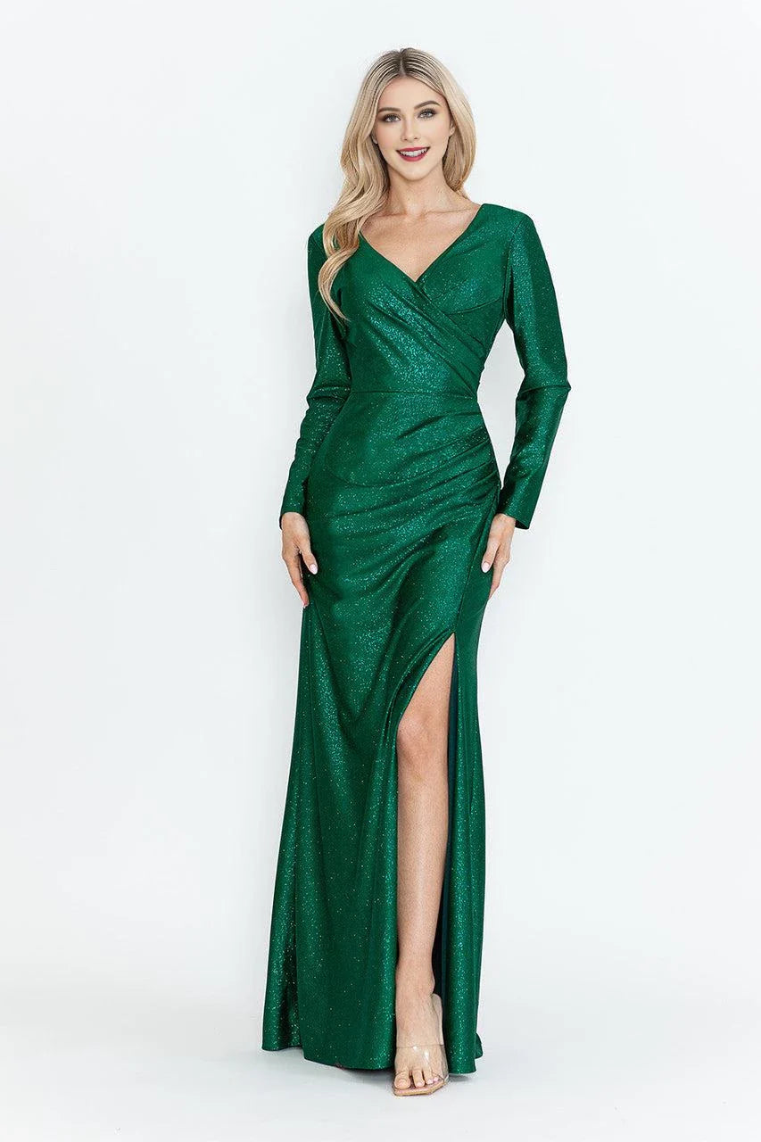 Glamorous Sheath V Neck Long Sleeve Open Back Floor Length Prom Dress