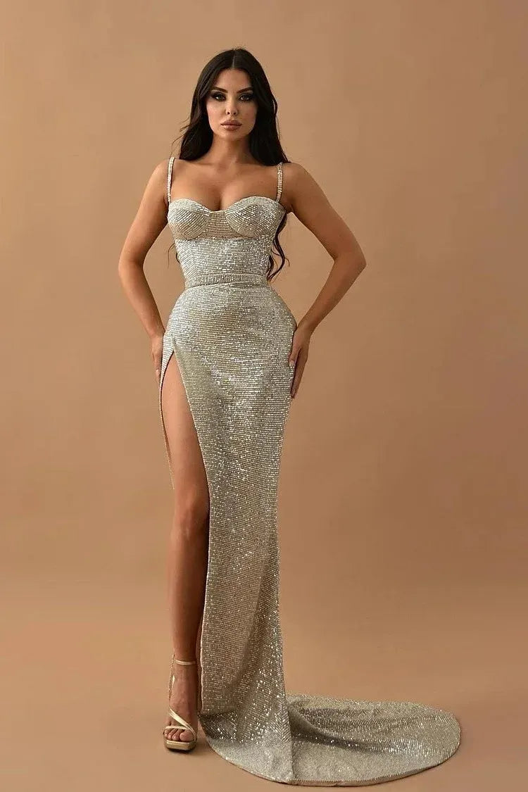 Spaghetti Strap Beaded Corset Mermaid Maxi Dress with High Slit & Train