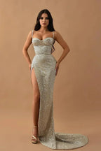 Spaghetti Strap Beaded Corset Mermaid Maxi Dress with High Slit & Train