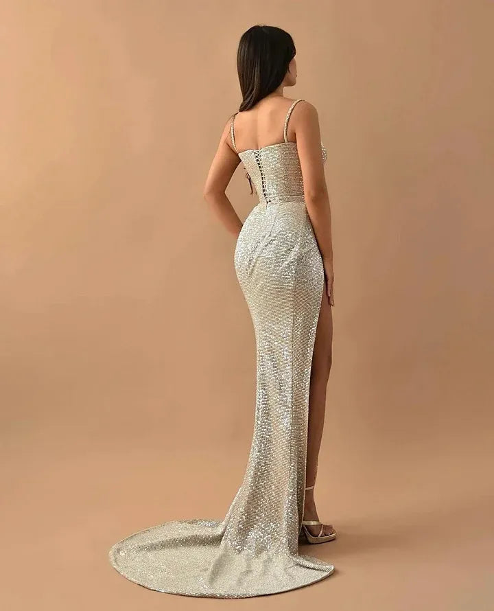 Spaghetti Strap Beaded Corset Mermaid Maxi Dress with High Slit & Train