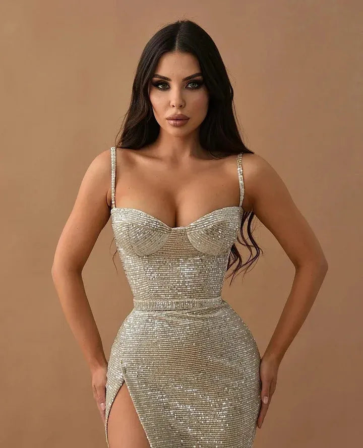 Spaghetti Strap Beaded Corset Mermaid Maxi Dress with High Slit & Train