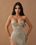 Spaghetti Strap Beaded Corset Mermaid Maxi Dress with High Slit & Train