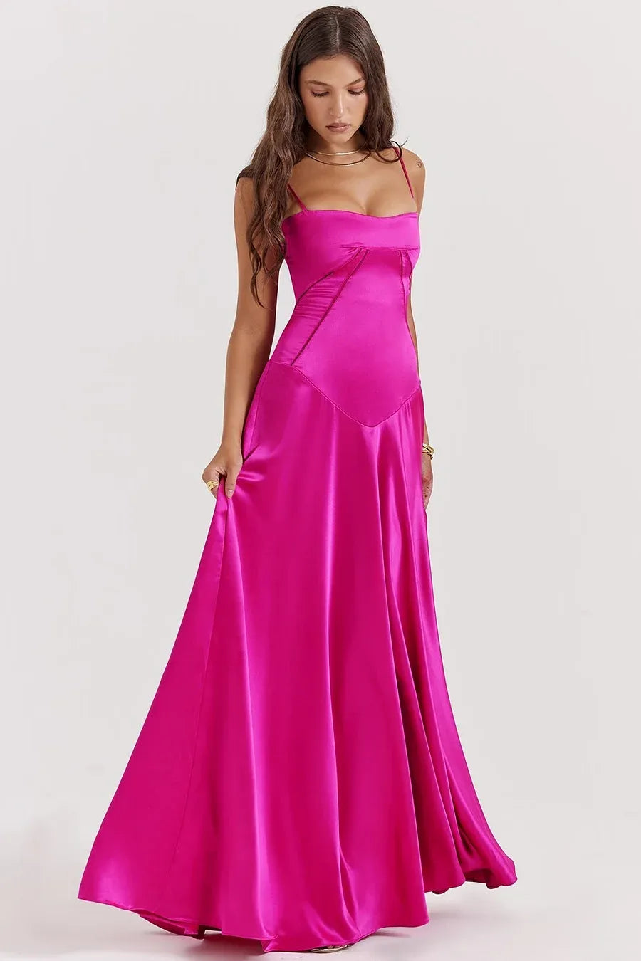 Spaghetti Strap Corset Lace-Up Back A-Line Maxi Dress