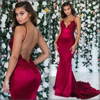 Spaghetti Strap Applique Mermaid Maxi Dress with Open Back & Train