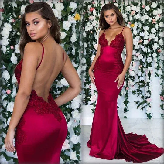 Spaghetti Strap Applique Mermaid Maxi Dress with Open Back & Train
