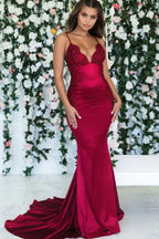 Spaghetti Strap Applique Mermaid Maxi Dress with Open Back & Train