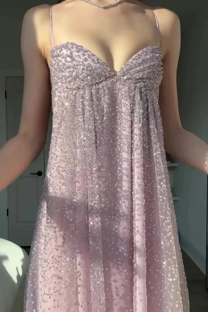 Spaghetti Strap Open Back A-Line Prom Dress