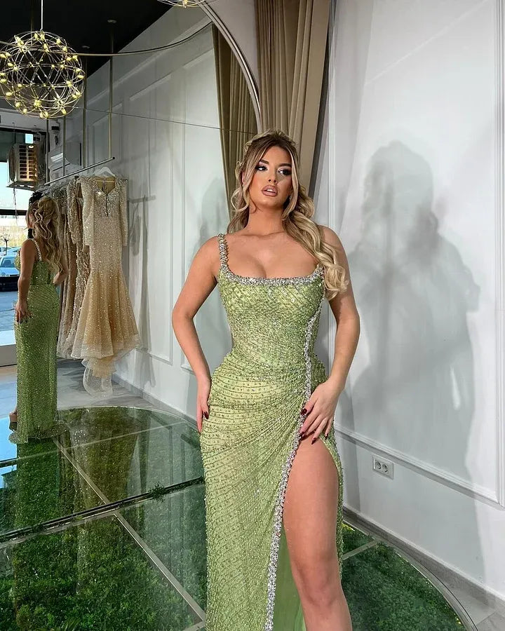Square Neck Beaded High Slit Rhinestone Trim Mermaid Maxi Dress