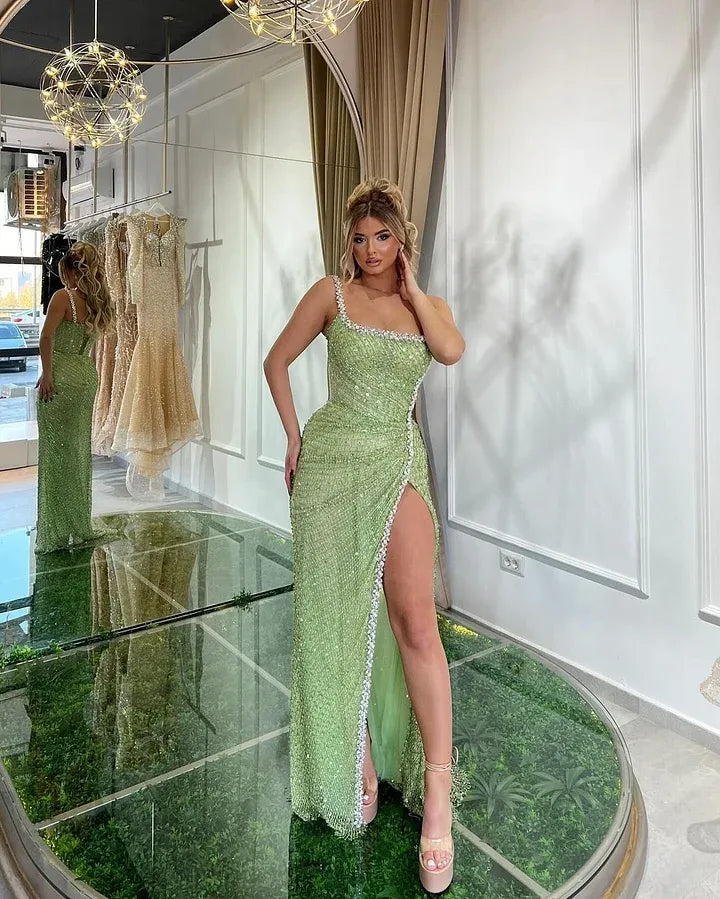 Square Neck Beaded High Slit Rhinestone Trim Mermaid Maxi Dress