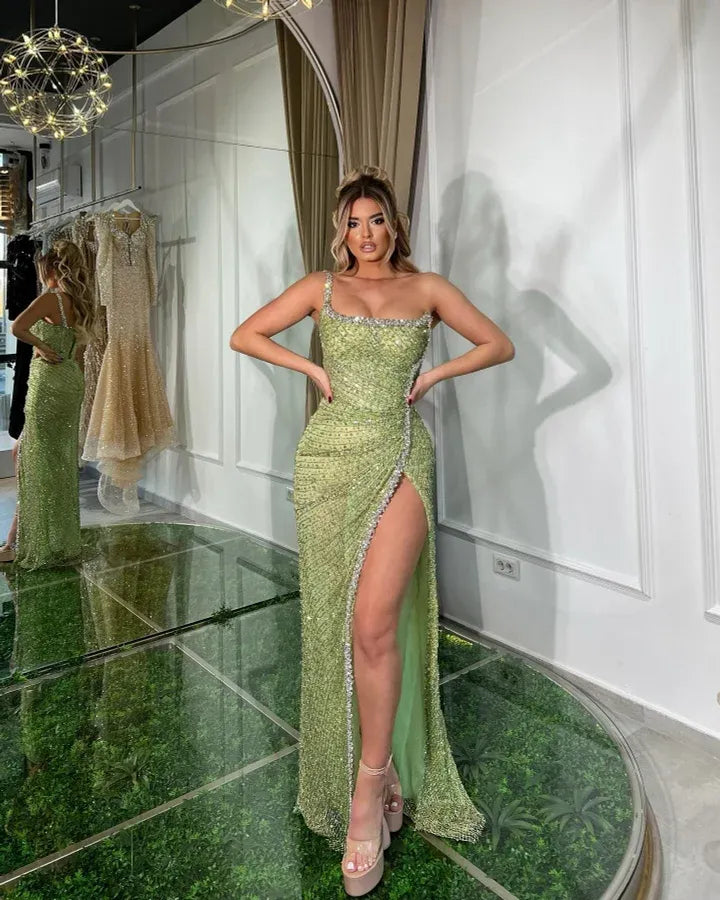 Square Neck Beaded High Slit Rhinestone Trim Mermaid Maxi Dress