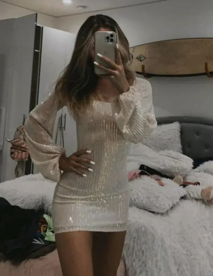 Square Neck Long Sleeve Mini Dress