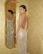 Square Neck Sheer Strap Beaded Mermaid Maxi Dress
