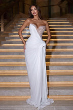 Strapless Beaded Corset Draped Ruched Maxi Dress
