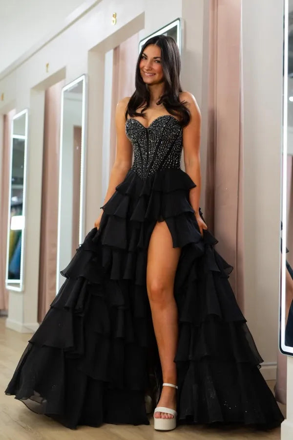 Strapless Beaded Corset Ruffle Tiered Maxi Dress