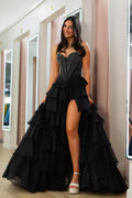 Strapless Beaded Corset Ruffle Tiered Maxi Dress