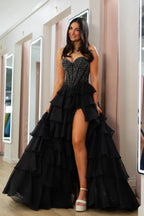 Strapless Beaded Corset Ruffle Tiered Maxi Dress