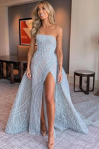 Strapless Beaded Grid Mermaid Maxi Dress with High Slit & Overskirt
