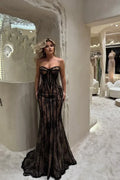 Strapless Corset Sheer Mermaid Maxi Dress with Train