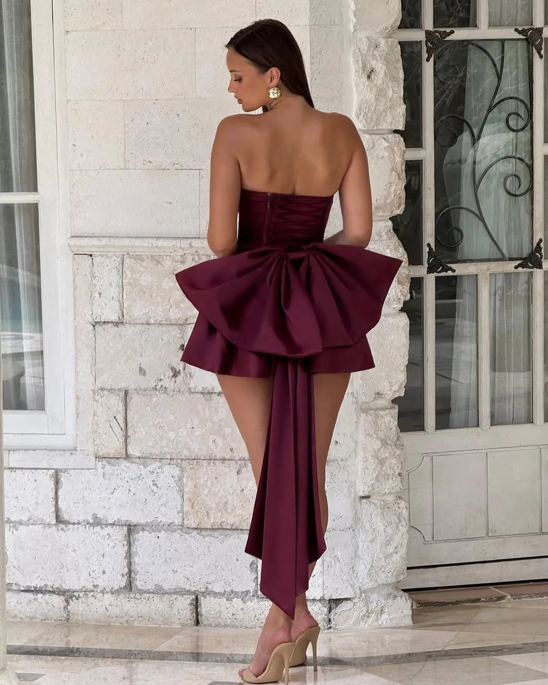 Strapless Draped Corset A-Line Mini Dress with Oversized Bow & Train