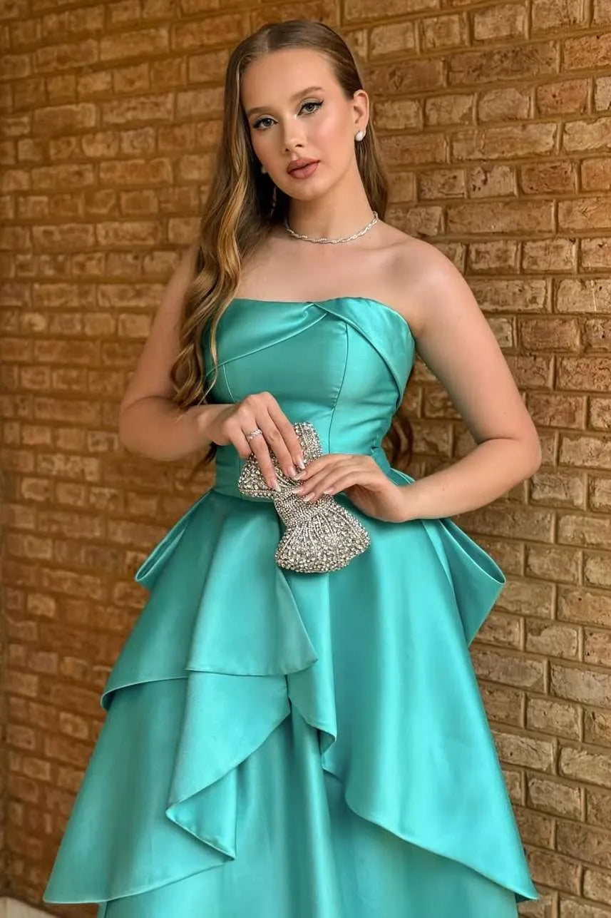 Strapless Draped Ruffle Peplum Ball Gown Evening Dress