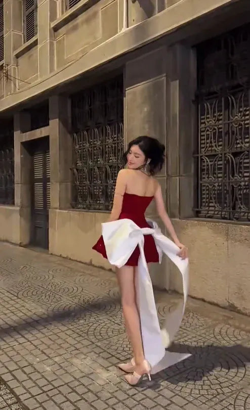 Strapless Glitter Bubble Hem Mini Party Dress with Bow