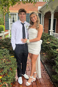 Strapless Ruched Mini Dress with Bow & Train