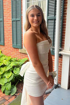 Strapless Ruched Mini Dress with Bow & Train