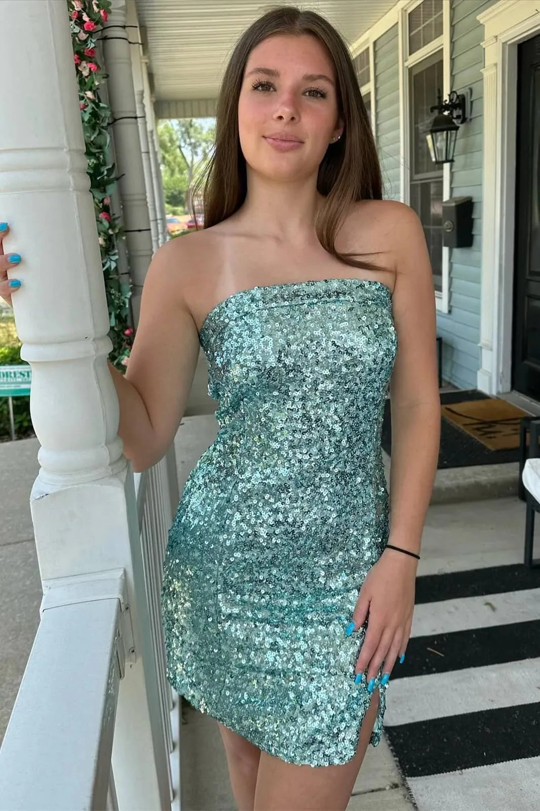 Strapless Bodycon Mini Dress with Asymmetrical Hem