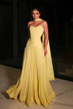Strapless Sweetheart Pleated Cape A-Line Maxi Dress