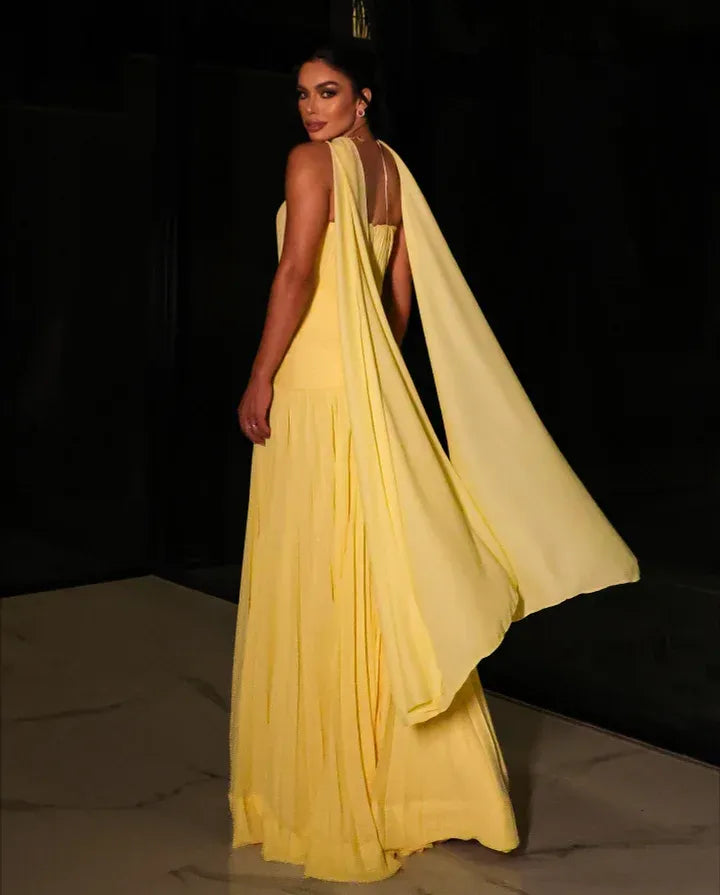 Strapless Sweetheart Pleated Cape A-Line Maxi Dress